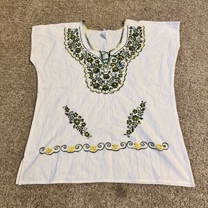 Mexican Blouse Womens White Floral Hand Embroidery Artesian Boho Peasant Sz G
